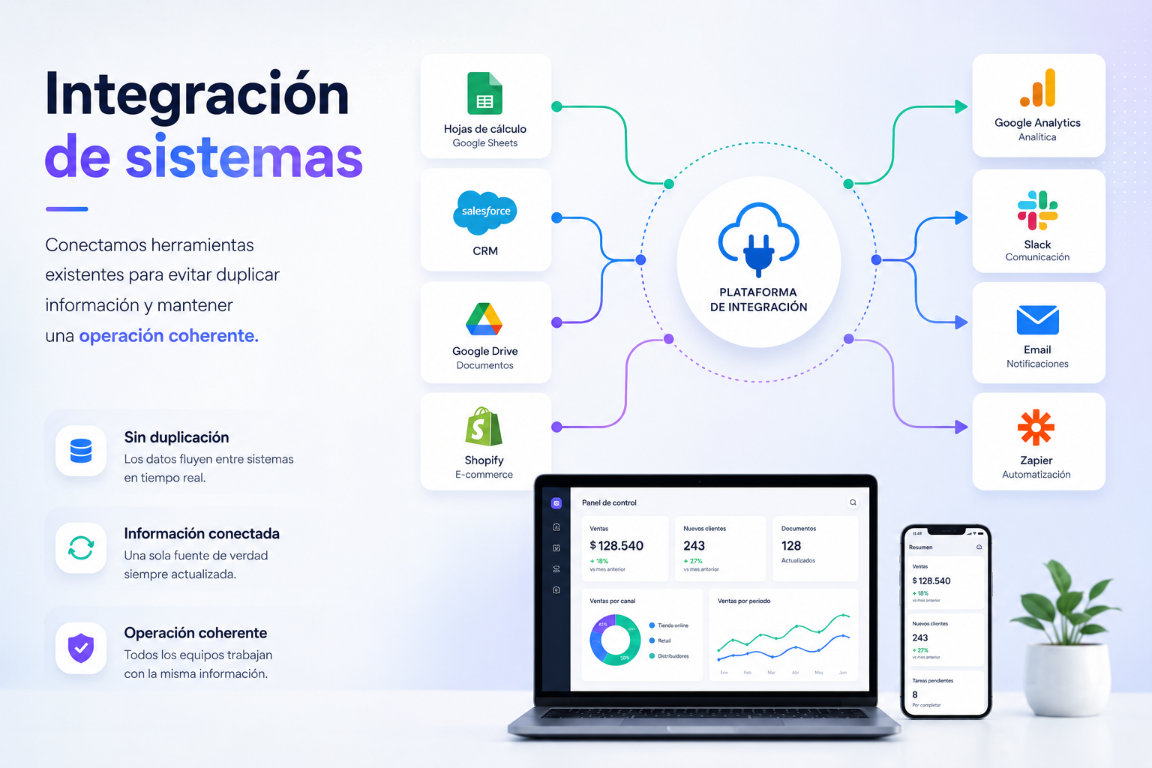 Integración de sistemas con conexiones entre herramientas, datos y plataformas